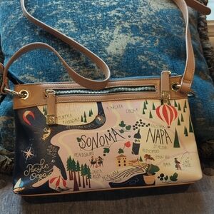 Spartina 449 Cream and Tan Crossbody Bag with Whimsical Print